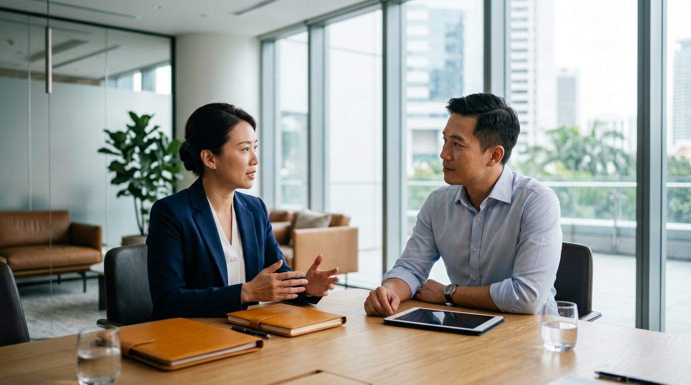 East Asian corporate legal and finance directors discussing governance across a sunlit Singapore oak boardroom table with amber accents.