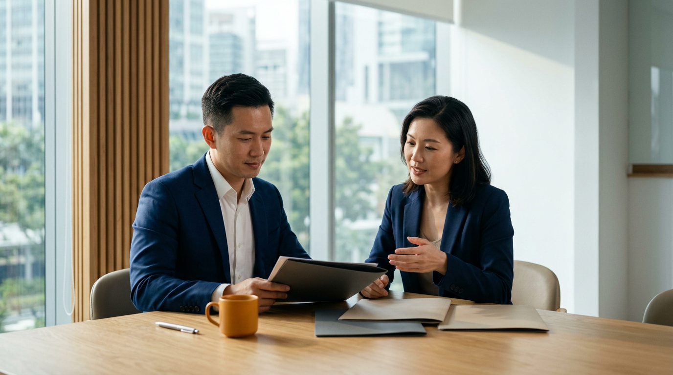 East Asian corporate governance executives in navy blazers confer at an oak table in a sunlit Singapore boardroom with subtle amber accents.