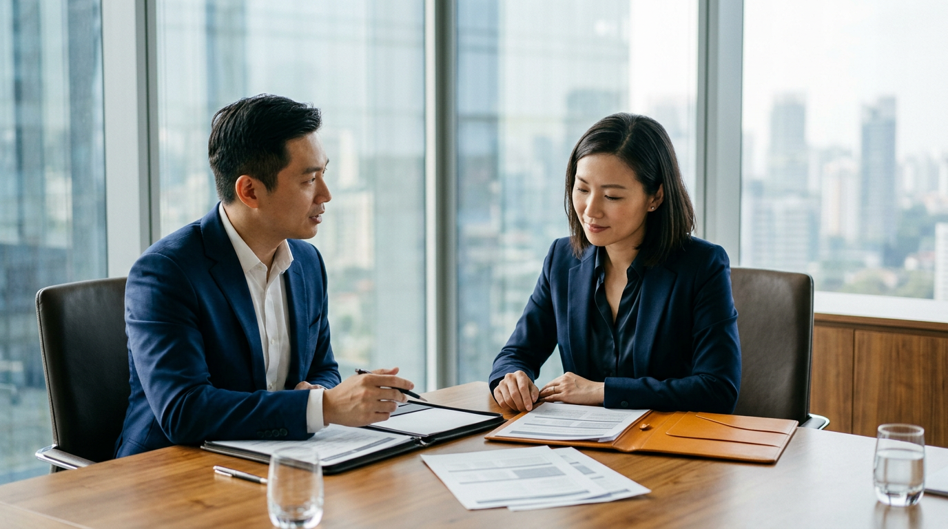 Two East Asian executives in navy suits collaboratively reviewing folios at a sunlit Singapore conference table with amber leather accents.