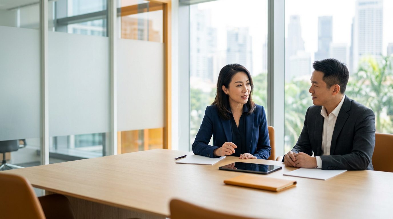 East Asian finance leaders in navy business attire collaborate in a modern sunlit Singapore office, representing neutral receivables protocol engagement.