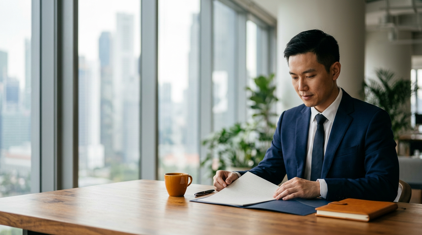 Composed East Asian finance controller in navy suit seated at a daylight Singapore desk verifying invoice status records with amber accents.