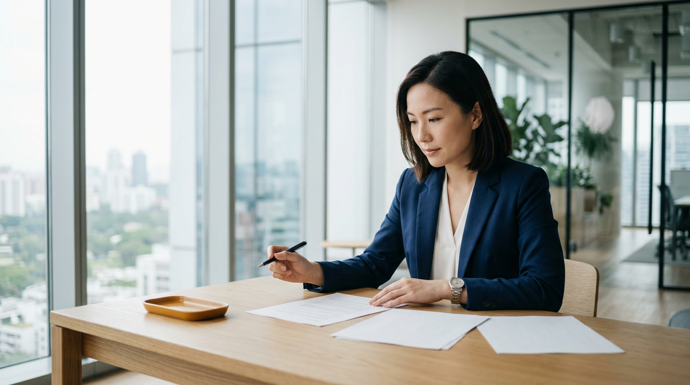 Composed East Asian finance director at a sunlit Singapore desk reviewing documents, representing verified invoice status and privacy guarantees.