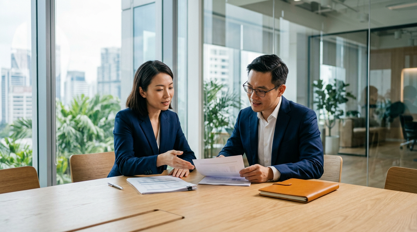 East Asian corporate finance leaders in navy suits collaborate at an executive table in a sunlit Singapore office with warm amber portfolio accent.