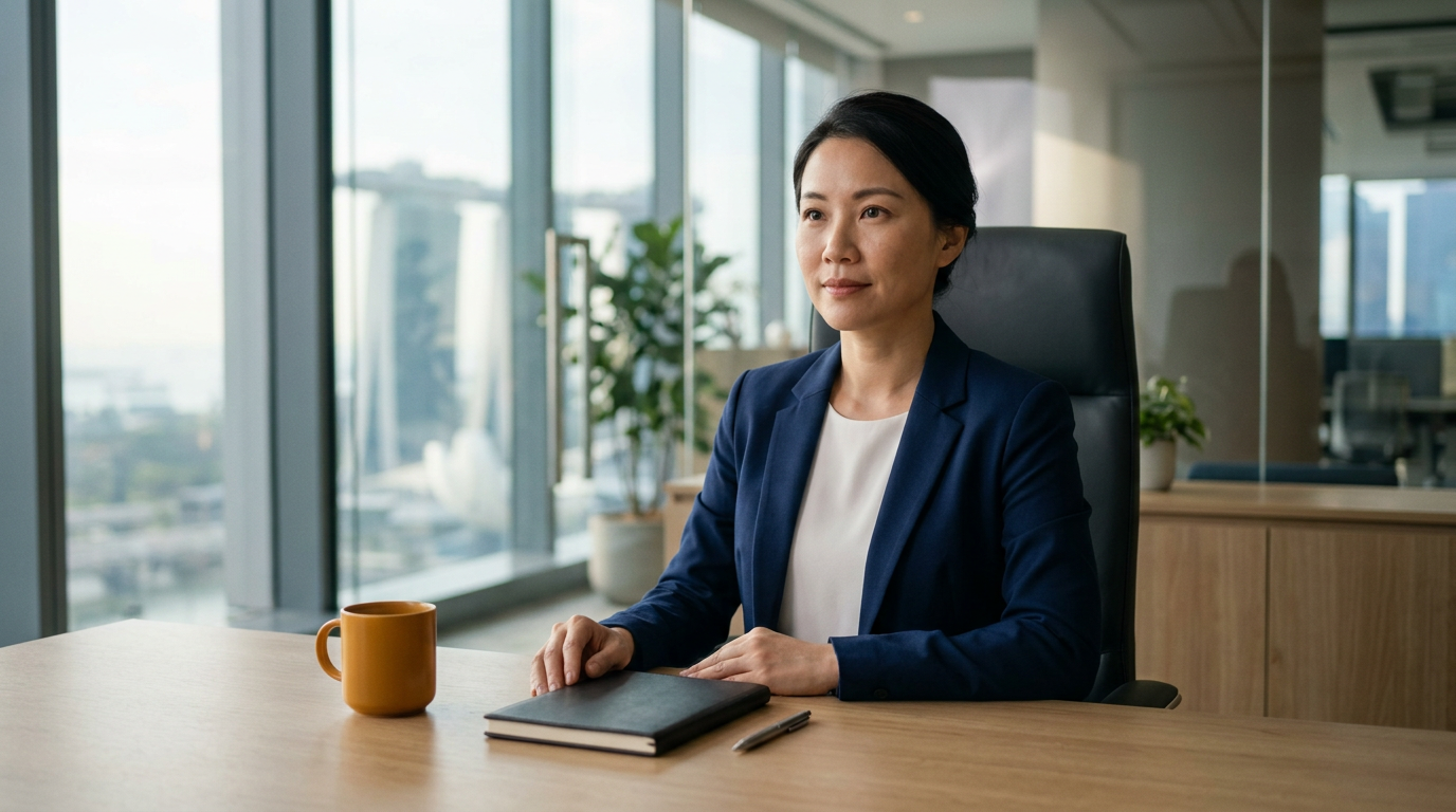 East Asian female compliance director in navy blazer at an executive Singapore desk reviewing privacy architecture with amber mug accent.