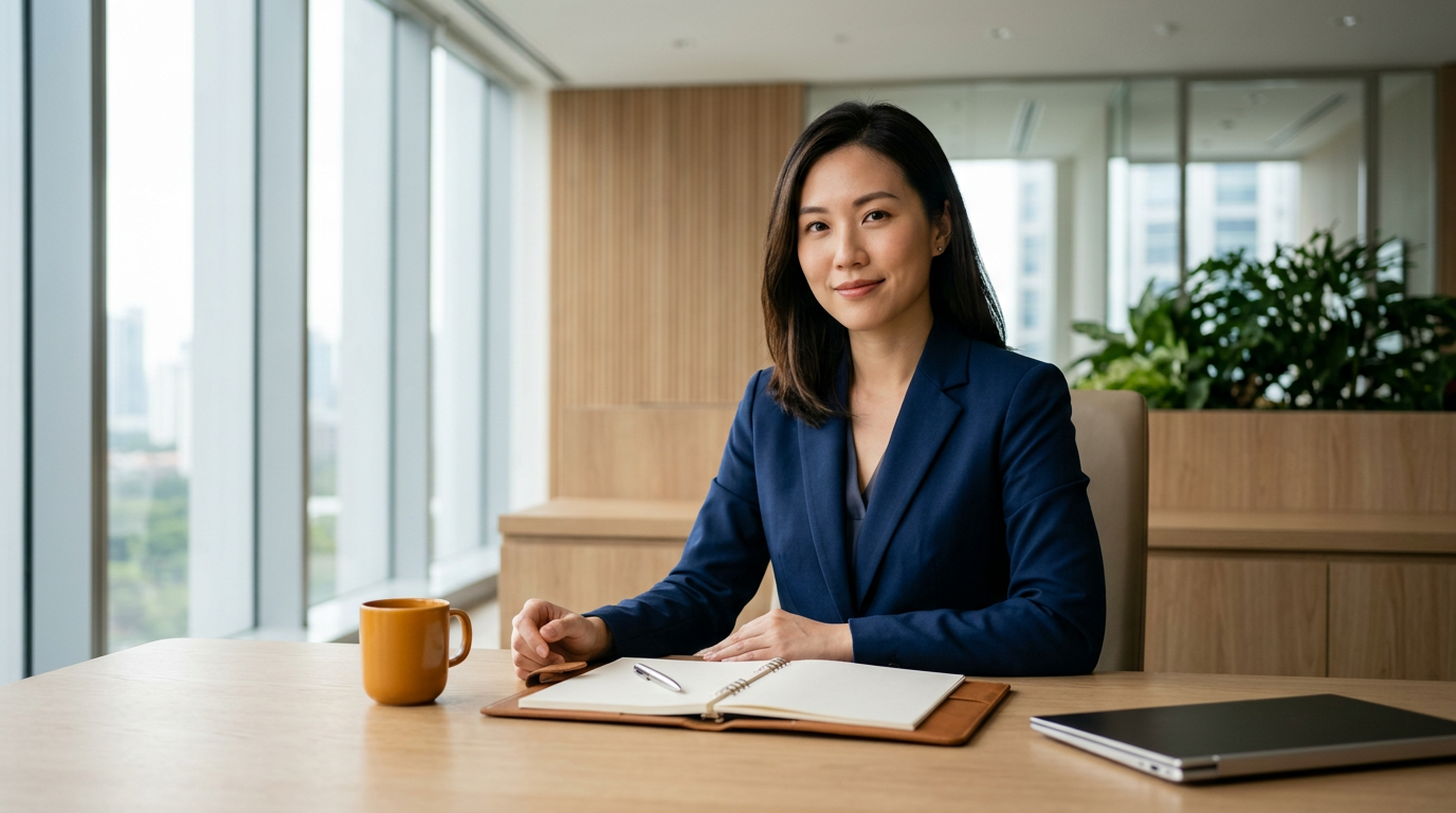 Composed East Asian accounts payable manager in navy blazer at a daylight Singapore desk reviewing a verification workflow with amber accents.