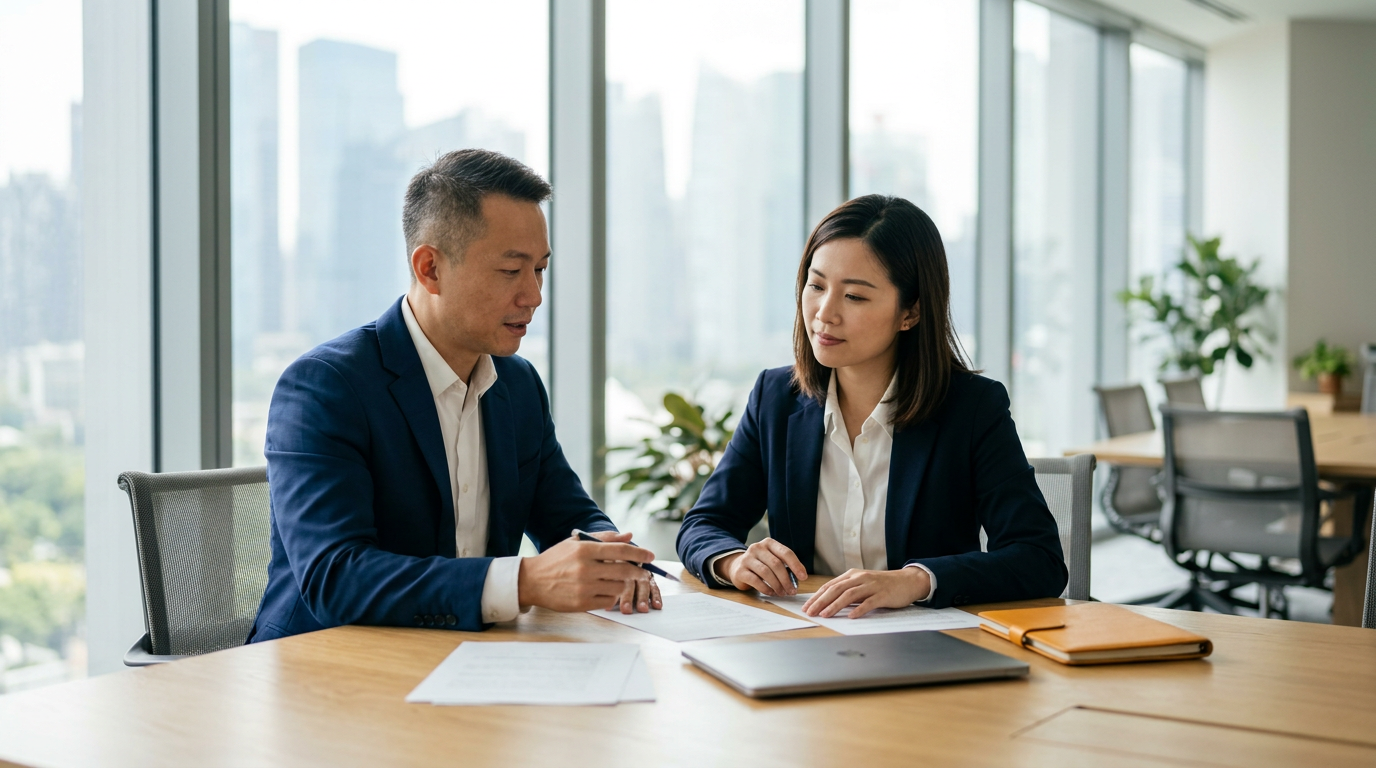 East Asian enterprise software executives in navy attire collaborating at a sunlit Singapore boardroom table with an amber portfolio.