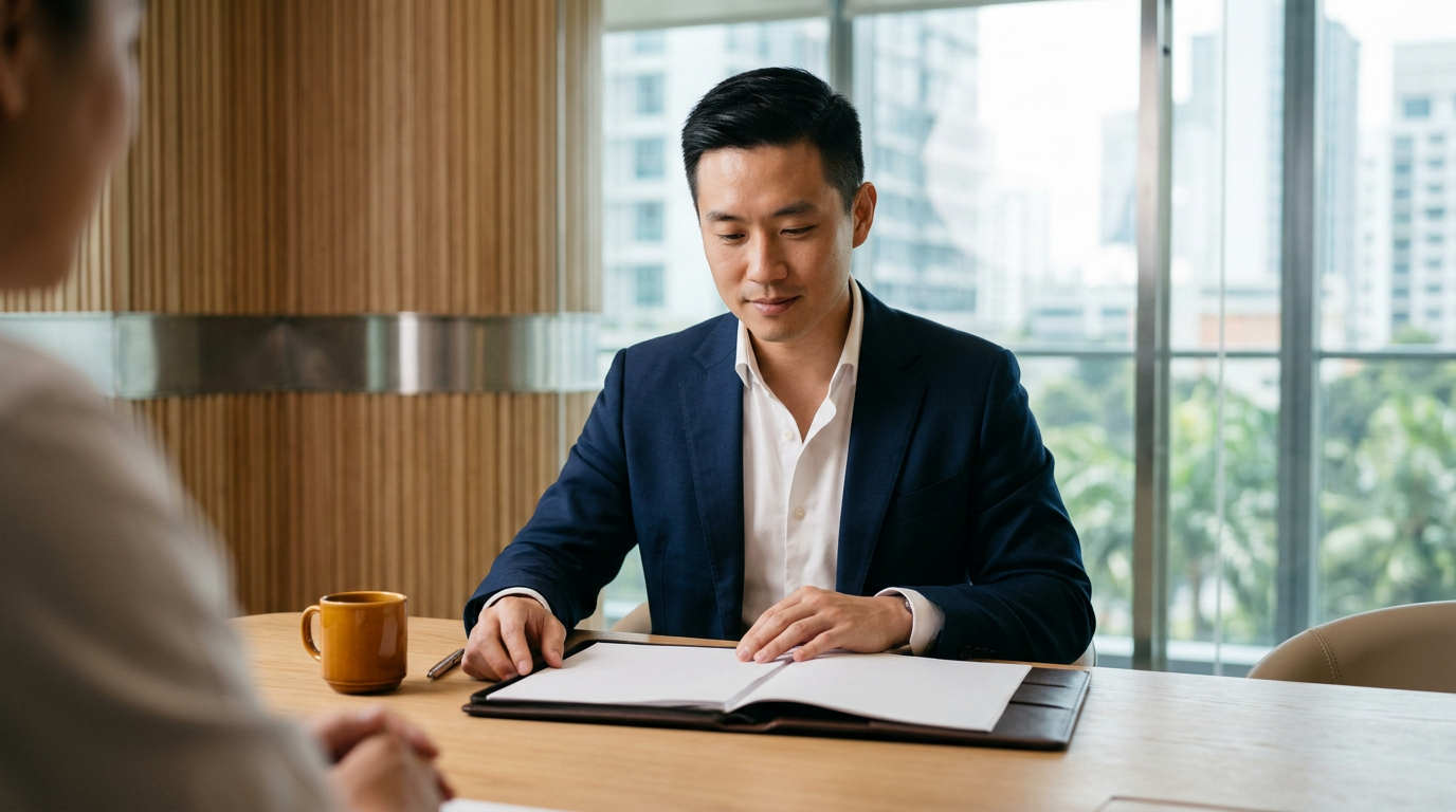 East Asian finance director in navy blazer reviews open leather folio at sunlit Singapore oak table with warm amber mug accent.